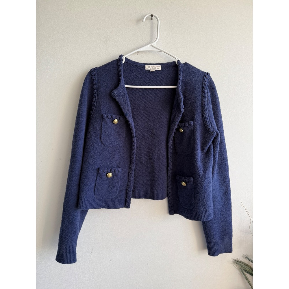 J.Crew Navy Blue Boucle Lady Jacket Cardigan Gold Crest Button Sweater 4056